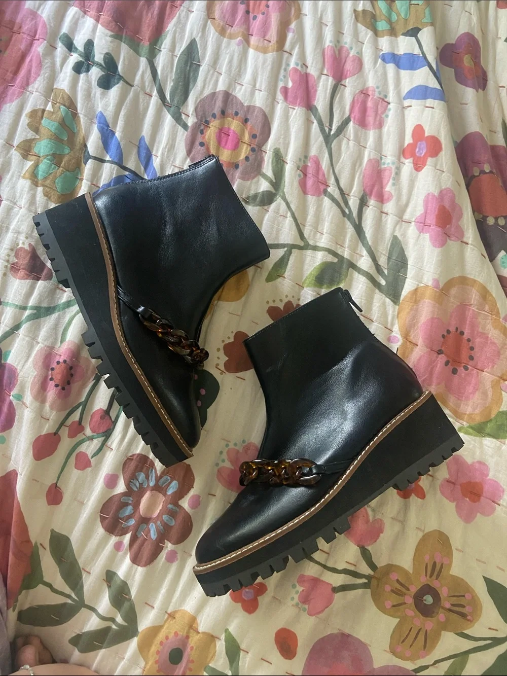 Coconuts by Matisse Black Leather Platform Ankle Boots with Tortoiseshell Chain